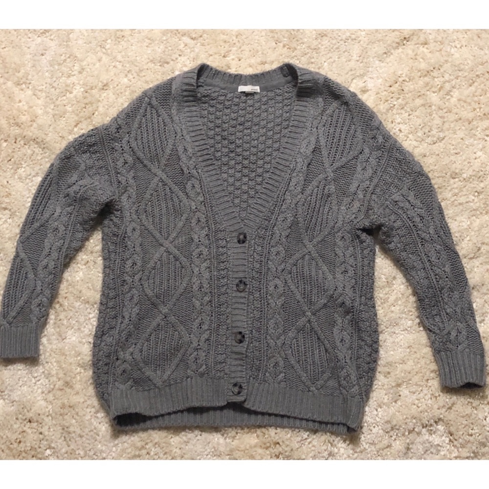 Grey cardigan.